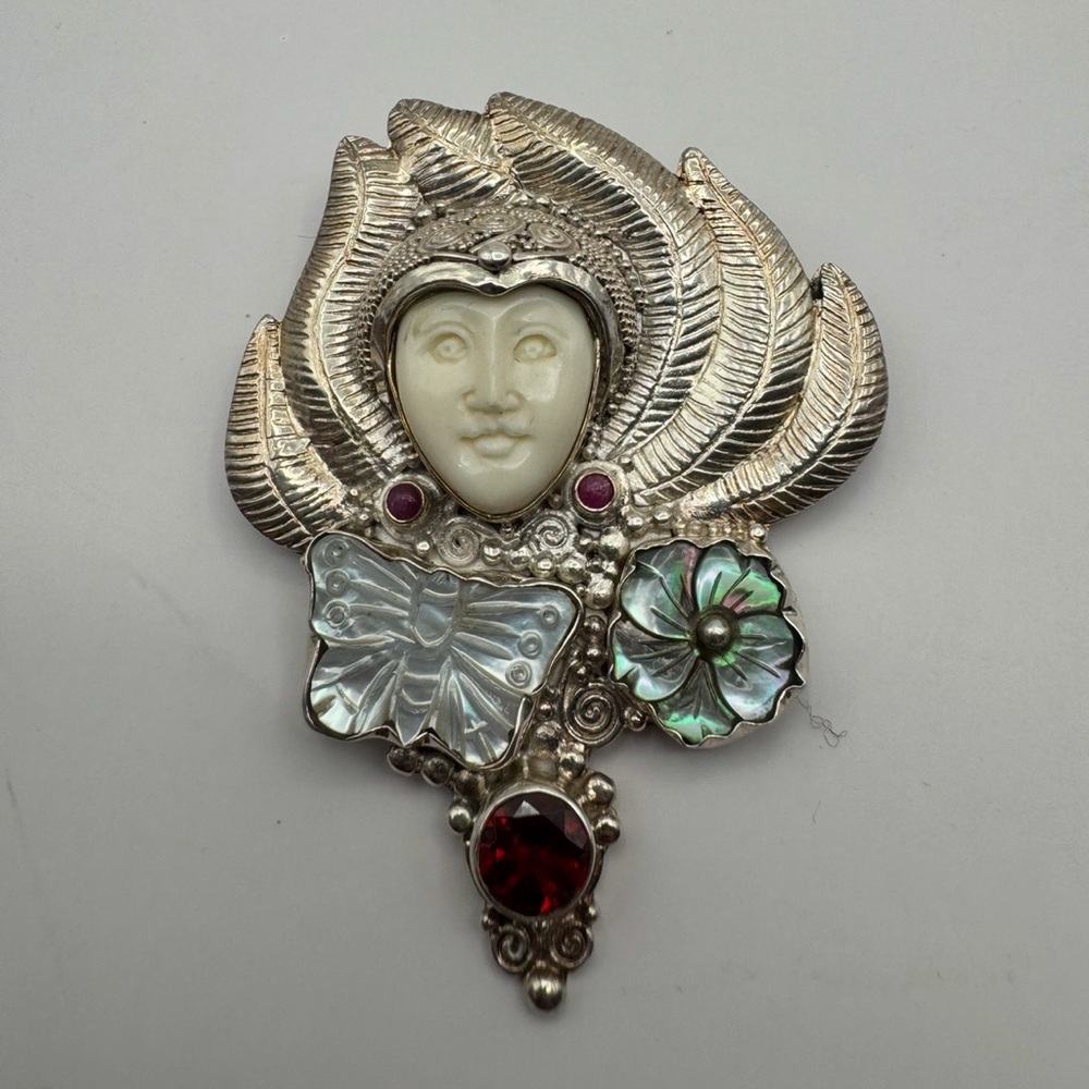 Sajen Goddess Sterling Silver Gemstone Carved Face Brooch